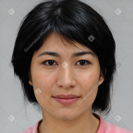 Joyful asian young-adult female with medium  brown hair and brown eyes