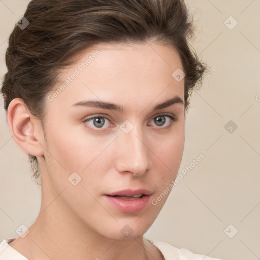 Neutral white young-adult female with short  brown hair and brown eyes