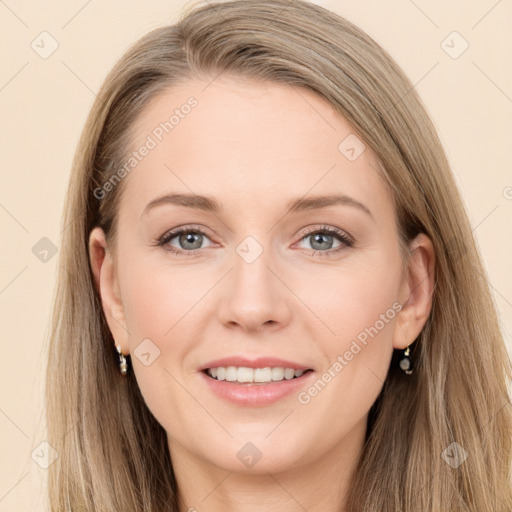 Joyful white young-adult female with long  brown hair and grey eyes