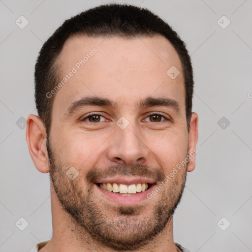 Joyful white young-adult male with short  brown hair and brown eyes