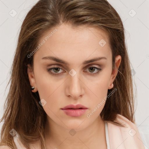 Neutral white young-adult female with long  brown hair and brown eyes