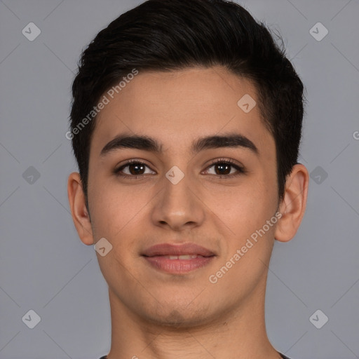 Joyful white young-adult male with short  brown hair and brown eyes