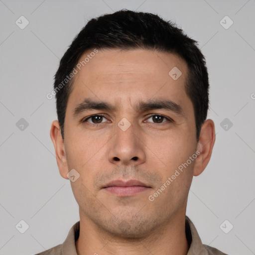 Neutral asian young-adult male with short  black hair and brown eyes