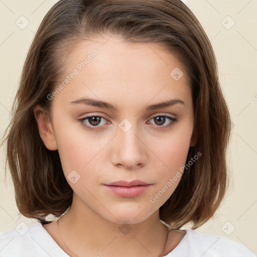 Neutral white young-adult female with medium  brown hair and brown eyes