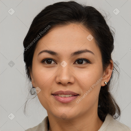 Joyful white young-adult female with medium  brown hair and brown eyes