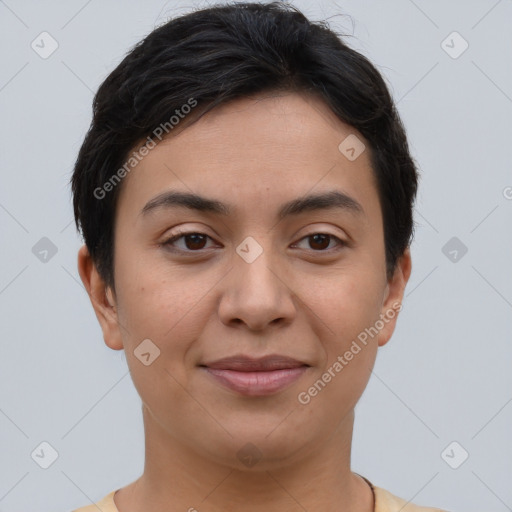 Joyful asian young-adult female with short  brown hair and brown eyes