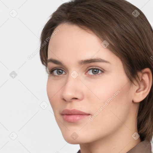 Neutral white young-adult female with short  brown hair and brown eyes