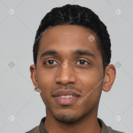 Neutral black young-adult male with short  black hair and brown eyes