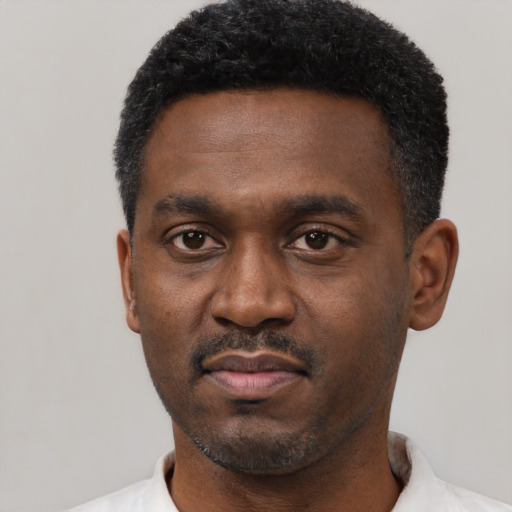 Neutral black young-adult male with short  black hair and brown eyes