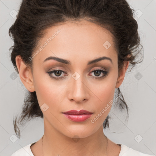 Neutral white young-adult female with medium  brown hair and brown eyes