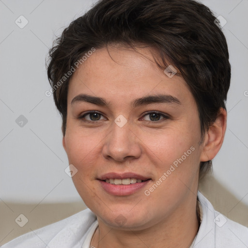 Joyful white young-adult female with short  brown hair and brown eyes