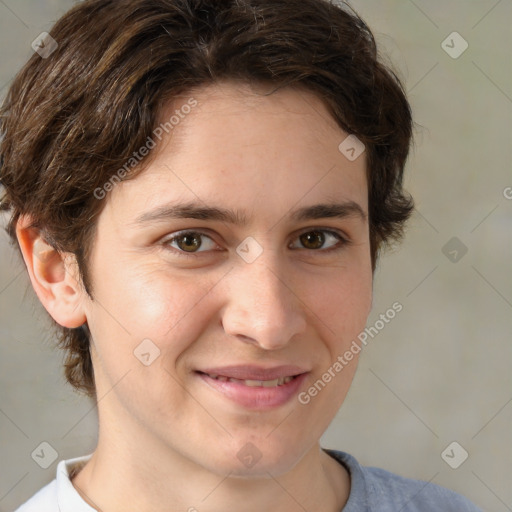 Joyful white young-adult male with medium  brown hair and brown eyes