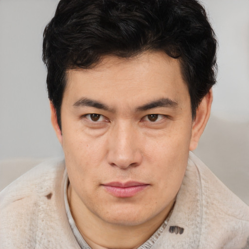 Neutral asian young-adult male with short  brown hair and brown eyes