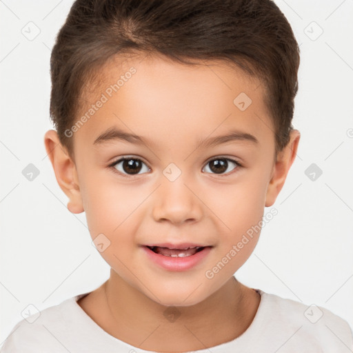 Joyful white child female with short  brown hair and brown eyes