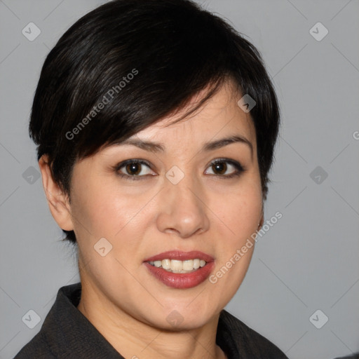 Joyful white young-adult female with medium  brown hair and brown eyes