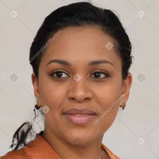 Joyful black young-adult female with short  brown hair and brown eyes