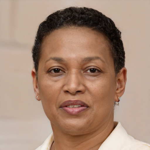Joyful latino adult female with short  brown hair and brown eyes
