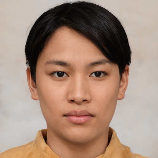 Neutral asian young-adult female with short  brown hair and brown eyes