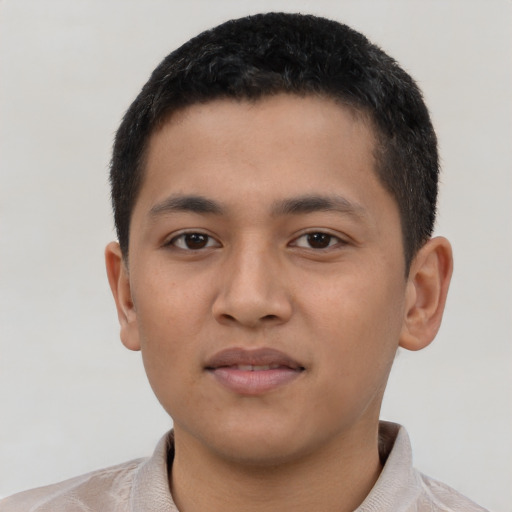 Neutral latino young-adult male with short  brown hair and brown eyes