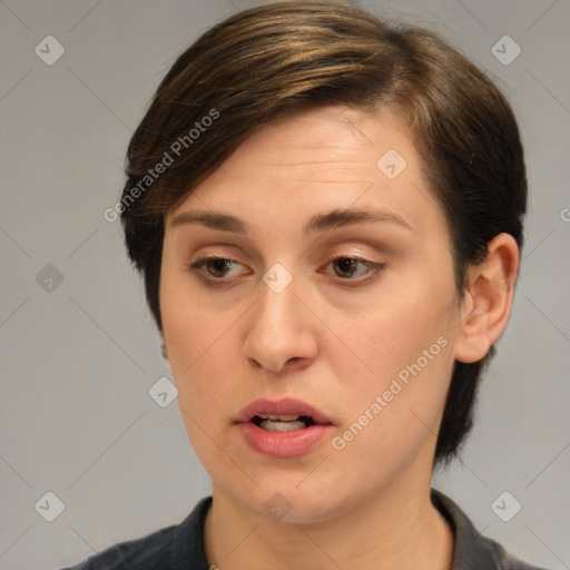 Neutral white young-adult female with medium  brown hair and brown eyes