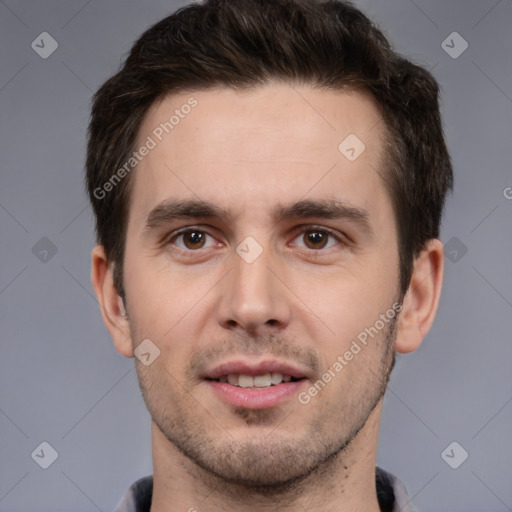 Joyful white young-adult male with short  brown hair and brown eyes