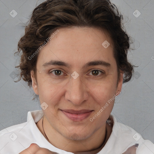 Joyful white adult female with short  brown hair and brown eyes