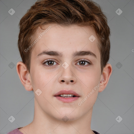 Joyful white child male with short  brown hair and brown eyes