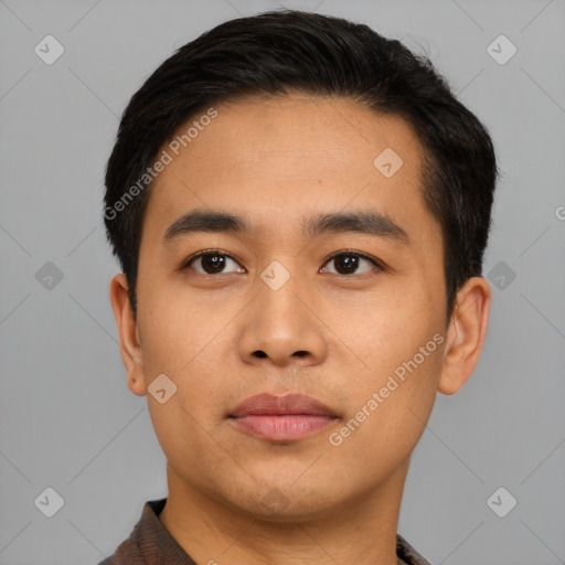 Neutral asian young-adult male with short  black hair and brown eyes