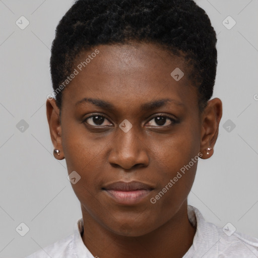 Neutral black young-adult female with short  brown hair and brown eyes