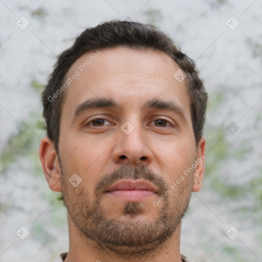 Neutral white adult male with short  brown hair and brown eyes