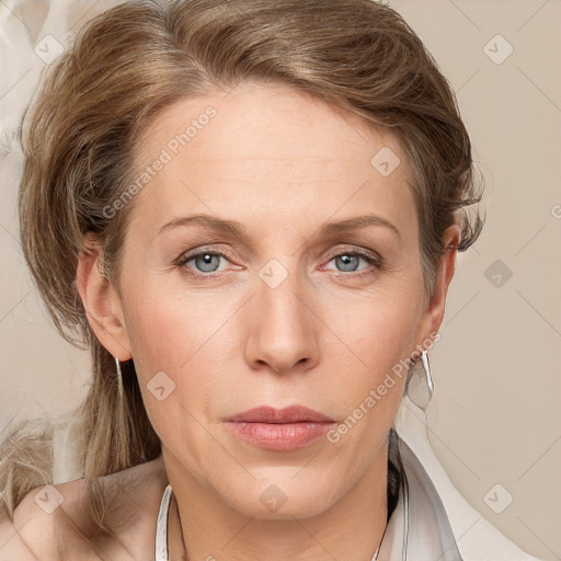 Neutral white adult female with medium  brown hair and grey eyes