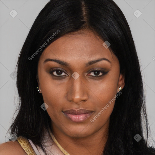 Joyful latino young-adult female with long  brown hair and brown eyes