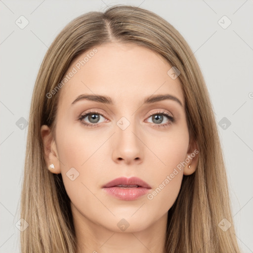 Neutral white young-adult female with long  brown hair and brown eyes