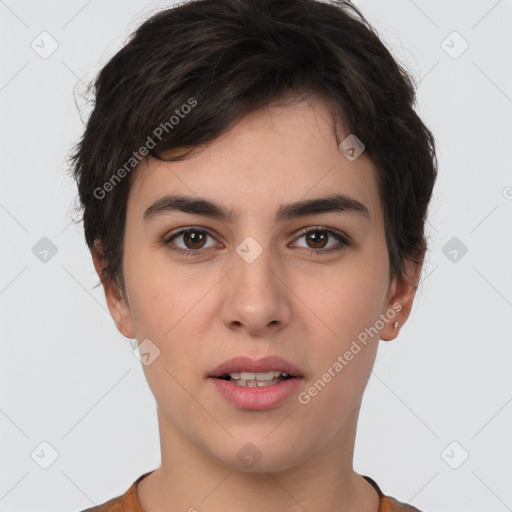 Joyful white young-adult female with short  brown hair and brown eyes