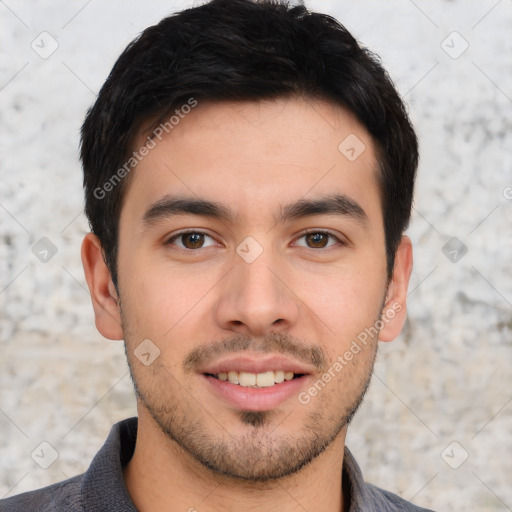 Joyful white young-adult male with short  black hair and brown eyes