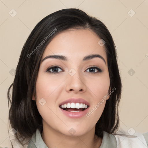 Joyful white young-adult female with medium  black hair and brown eyes