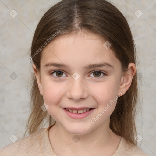 Joyful white child female with medium  brown hair and brown eyes