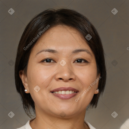 Joyful white adult female with medium  brown hair and brown eyes