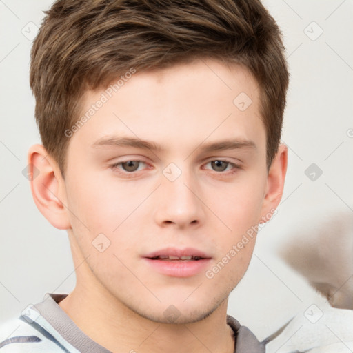 Neutral white young-adult male with short  brown hair and brown eyes