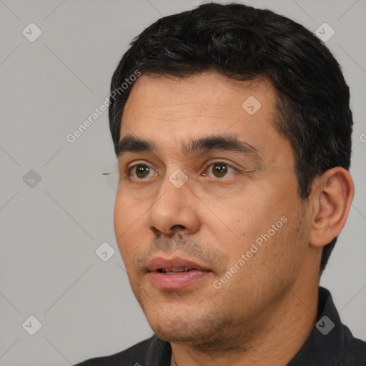 Neutral white adult male with short  black hair and brown eyes