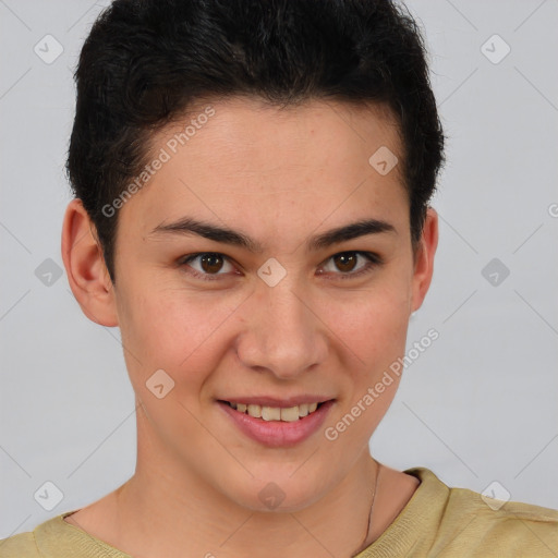 Joyful white young-adult female with short  brown hair and brown eyes