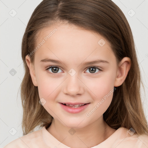 Joyful white child female with medium  brown hair and brown eyes