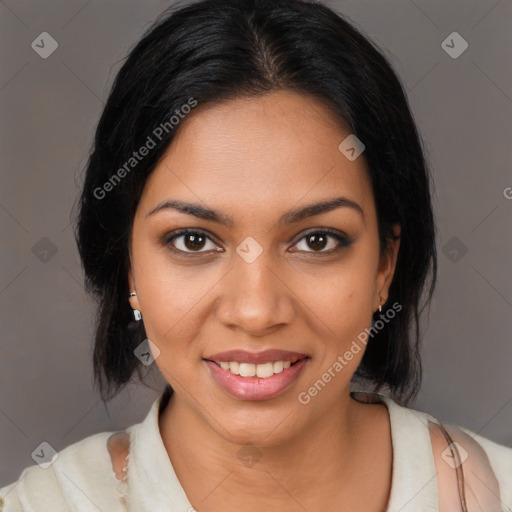 Joyful black young-adult female with medium  black hair and brown eyes