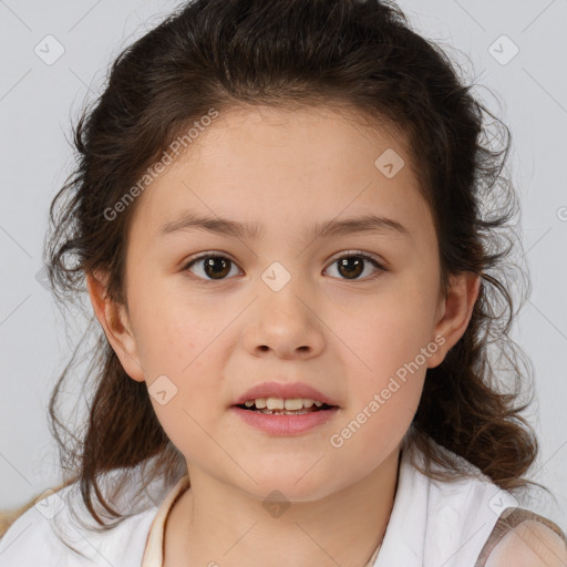 Joyful white child female with medium  brown hair and brown eyes