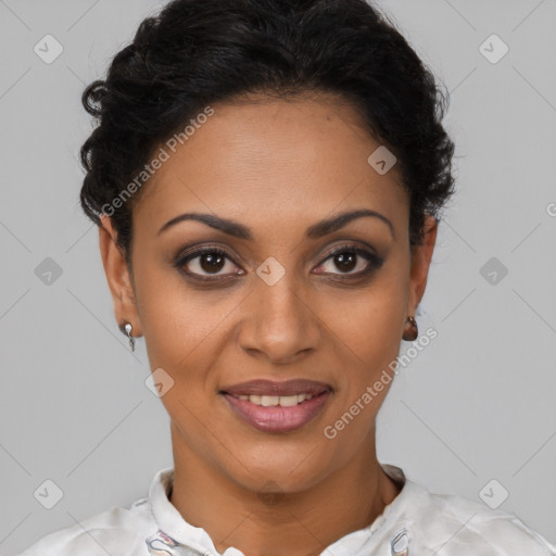 Joyful latino young-adult female with short  brown hair and brown eyes