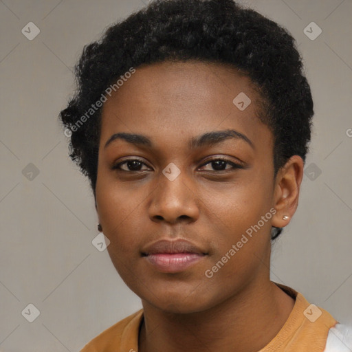 Neutral black young-adult female with short  black hair and brown eyes