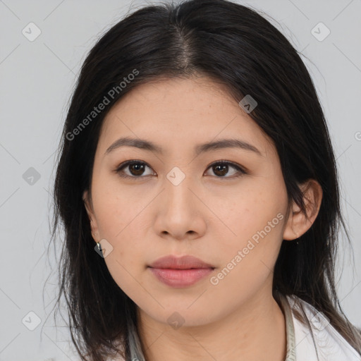 Neutral asian young-adult female with long  brown hair and brown eyes