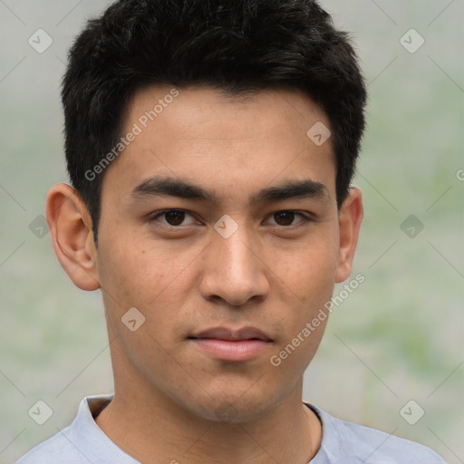 Neutral asian young-adult male with short  brown hair and brown eyes