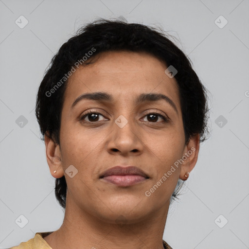 Joyful latino young-adult female with short  brown hair and brown eyes