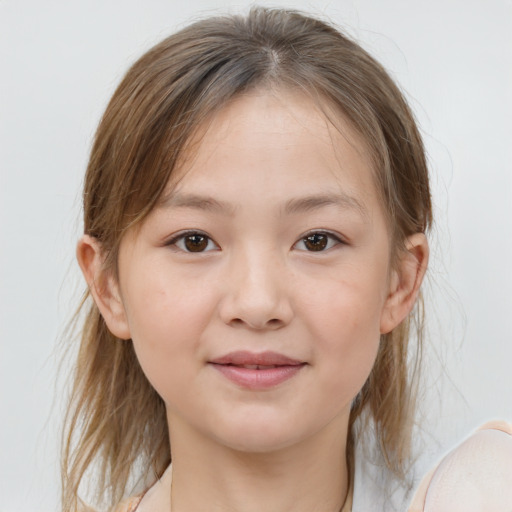 Joyful white child female with medium  brown hair and brown eyes